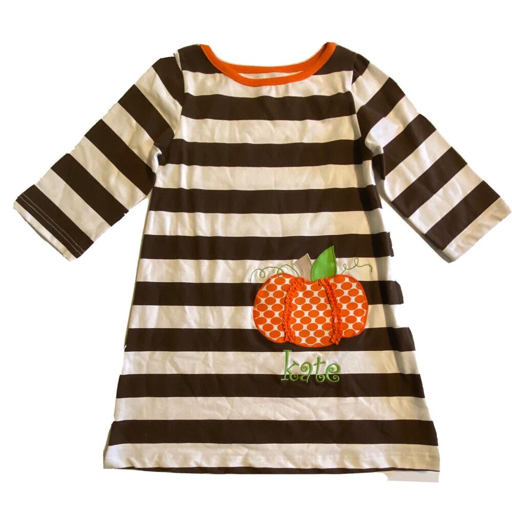 Kelly’s Kids “Kate” Monogramed Brown Stripe Pumpkin Tunic Girls Size 5/6